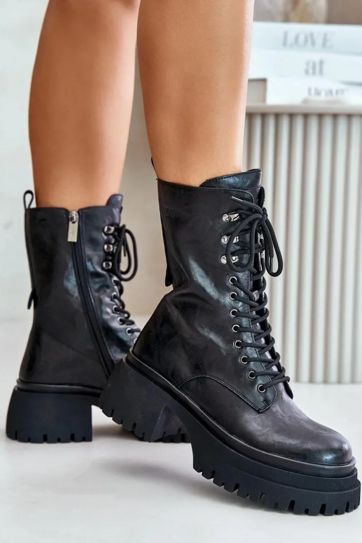 GOE Botki Ocieplane|Czarne Botki*Skórzane Botki Workery Damskie Ocieplane OO2N4121 Czarne