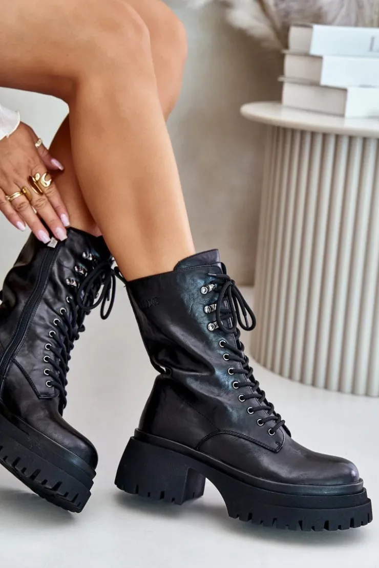 GOE Botki Ocieplane|Czarne Botki*Skórzane Botki Workery Damskie Ocieplane OO2N4121 Czarne