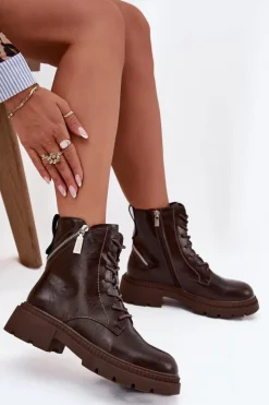 Damskie Big Star Shoes Skórzane Botki Workery Damskie Ocieplane Big Star SS274453 Brązowe