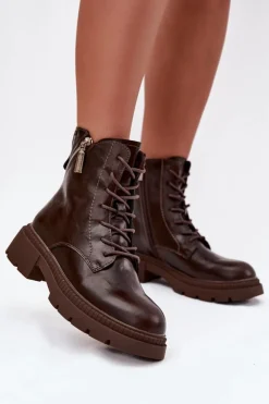 Damskie Big Star Shoes Skórzane Botki Workery Damskie Ocieplane Big Star SS274453 Brązowe