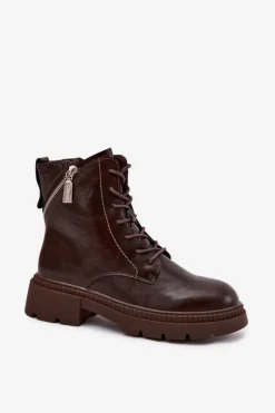 Damskie Big Star Shoes Skórzane Botki Workery Damskie Ocieplane Big Star SS274453 Brązowe