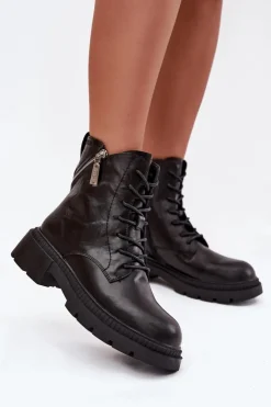 Damskie Big Star Shoes Skórzane Botki Workery Damskie Ocieplane Big Star SS274452 Czarne