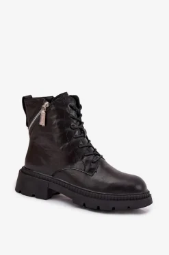 Damskie Big Star Shoes Skórzane Botki Workery Damskie Ocieplane Big Star SS274452 Czarne