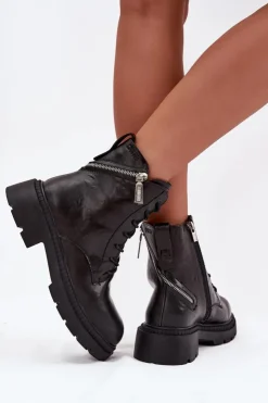 Damskie Big Star Shoes Skórzane Botki Workery Damskie Ocieplane Big Star SS274452 Czarne