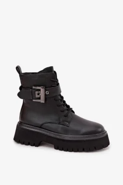 Damskie buty S.Barski Botki Ocieplane|Botki Skórzane*Skórzane Botki Workery Damskie Ocieplane Z Ozdobną Klamrą D&A MK52-032 Czarne