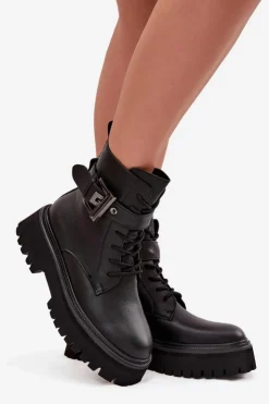 Damskie buty S.Barski Botki Ocieplane|Botki Skórzane*Skórzane Botki Workery Damskie Ocieplane Z Ozdobną Klamrą D&A MK52-032 Czarne