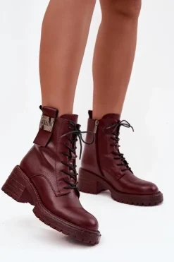 Damskie Artiker Skórzane Botki Workery Damskie Na Klocku Z Ozdobnym Detalem 57C0211 Bordowe