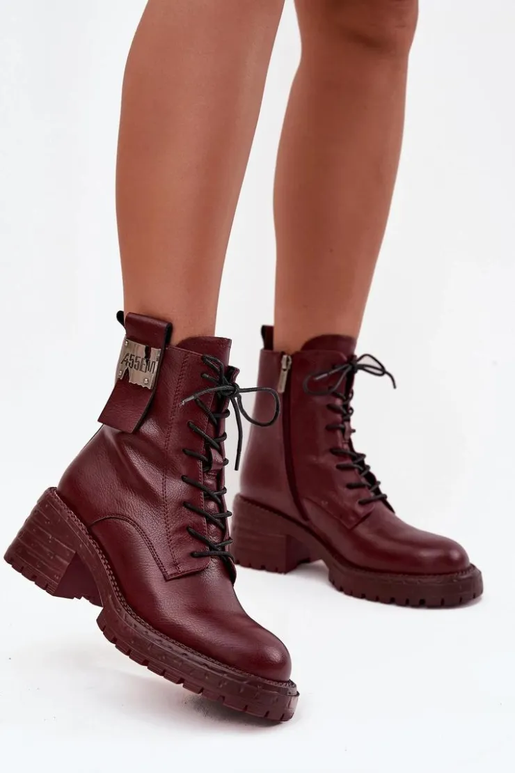 Damskie Artiker Skórzane Botki Workery Damskie Na Klocku Z Ozdobnym Detalem 57C0211 Bordowe
