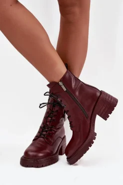 Damskie Artiker Skórzane Botki Workery Damskie Na Klocku Z Ozdobnym Detalem 57C0211 Bordowe