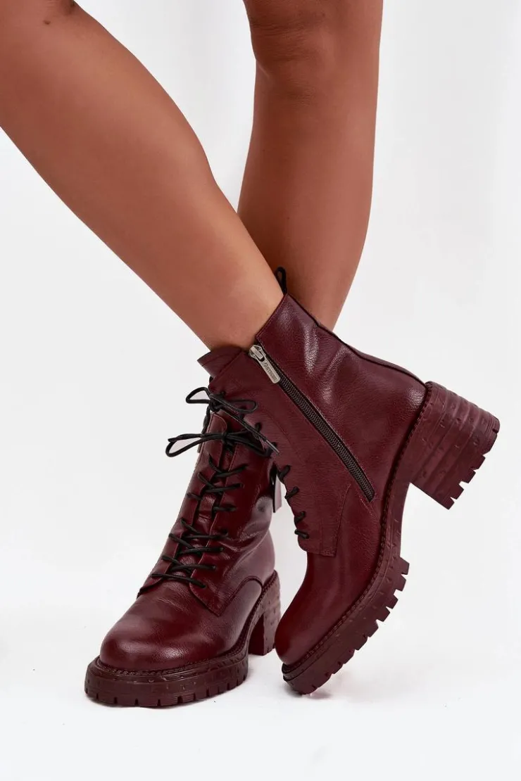 Damskie Artiker Skórzane Botki Workery Damskie Na Klocku Z Ozdobnym Detalem 57C0211 Bordowe
