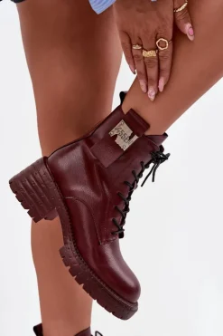 Damskie Artiker Skórzane Botki Workery Damskie Na Klocku Z Ozdobnym Detalem 57C0211 Bordowe
