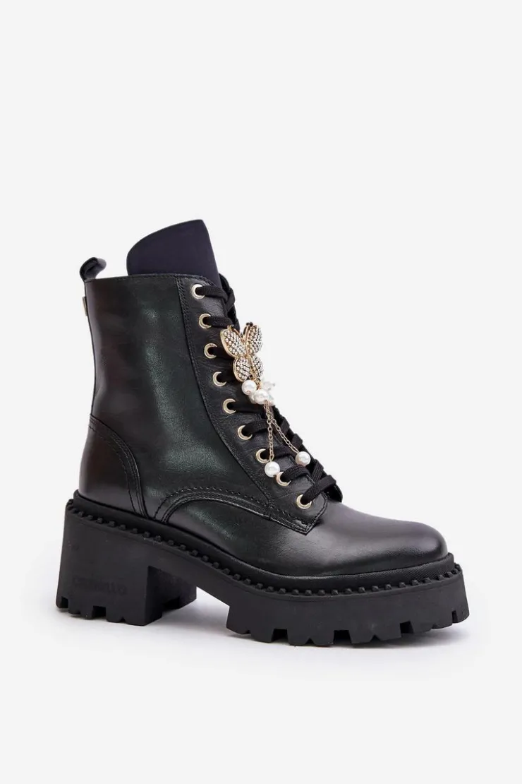 CheBello Botki Ocieplane|Damskie Trapery*Skórzane Botki Workery Damskie Z Motylem Czarne 4590