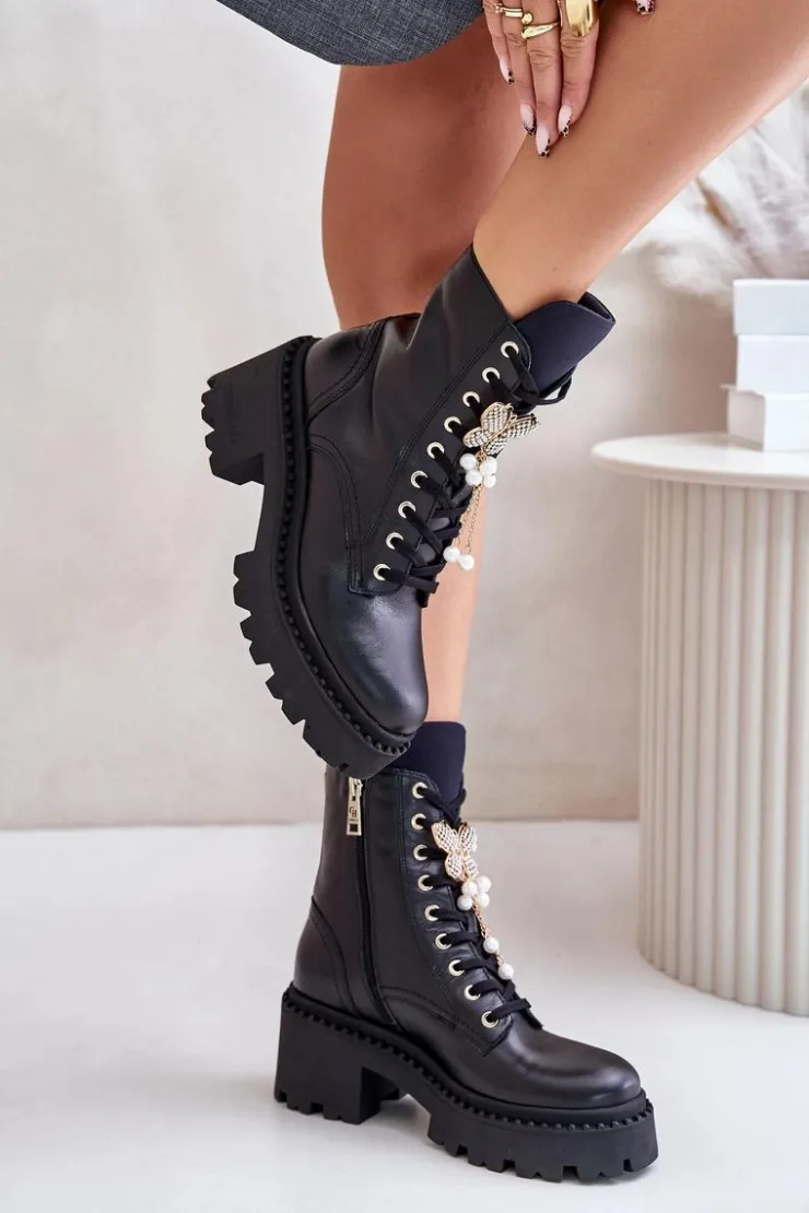 CheBello Botki Ocieplane|Damskie Trapery*Skórzane Botki Workery Damskie Z Motylem Czarne 4590