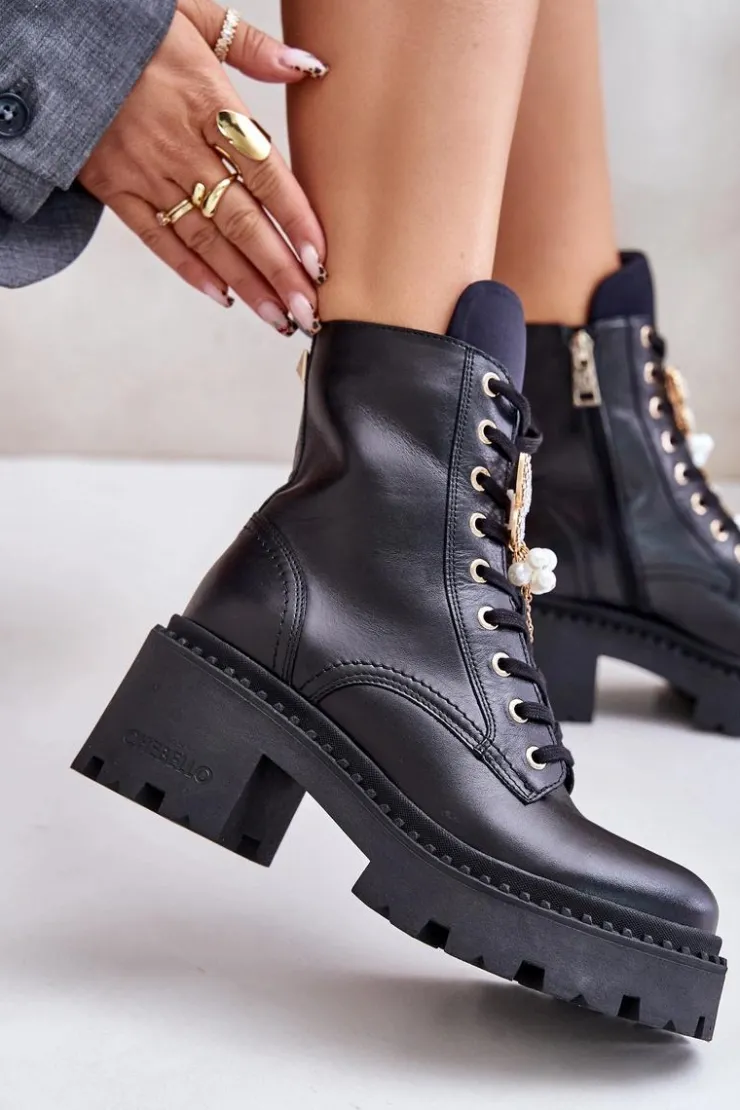 CheBello Botki Ocieplane|Damskie Trapery*Skórzane Botki Workery Damskie Z Motylem Czarne 4590