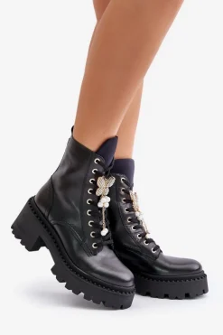 CheBello Botki Ocieplane|Damskie Trapery*Skórzane Botki Workery Damskie Z Motylem Czarne 4590