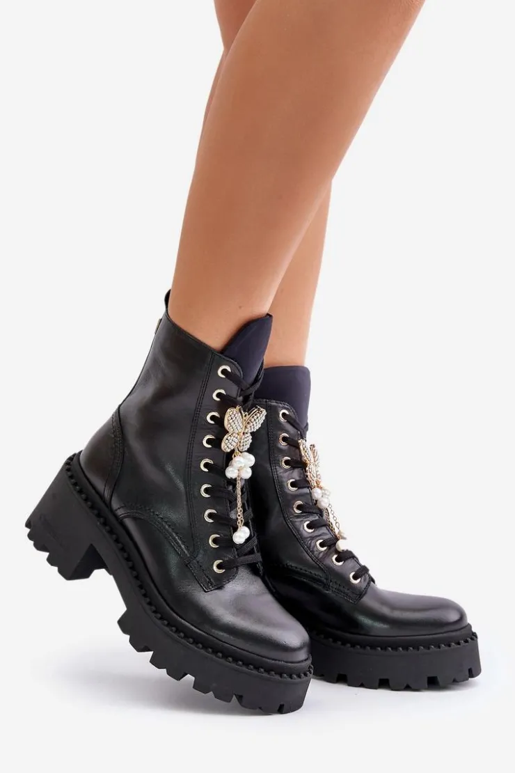 CheBello Botki Ocieplane|Damskie Trapery*Skórzane Botki Workery Damskie Z Motylem Czarne 4590