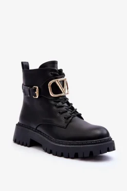 Boto Botki Sznurowane|Czarne Botki*Skórzane Botki Workery Damskie Z Ozdobą Czarne Lalede