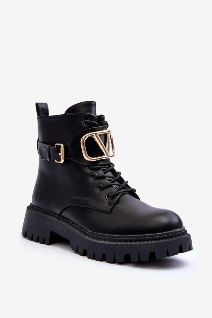 Boto Botki Sznurowane|Czarne Botki*Skórzane Botki Workery Damskie Z Ozdobą Czarne Lalede