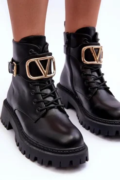 Boto Botki Sznurowane|Czarne Botki*Skórzane Botki Workery Damskie Z Ozdobą Czarne Lalede