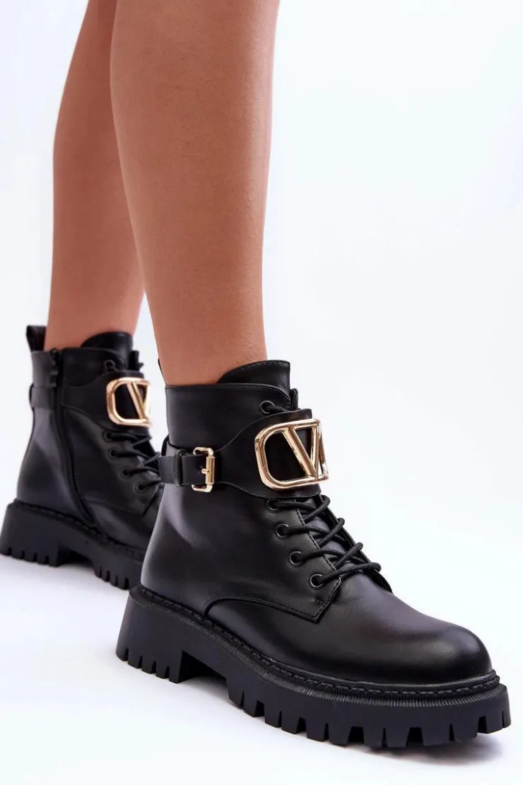 Boto Botki Sznurowane|Czarne Botki*Skórzane Botki Workery Damskie Z Ozdobą Czarne Lalede