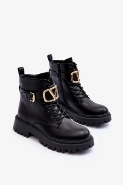 Boto Botki Sznurowane|Czarne Botki*Skórzane Botki Workery Damskie Z Ozdobą Czarne Lalede