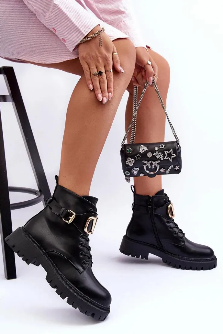 Boto Botki Sznurowane|Czarne Botki*Skórzane Botki Workery Damskie Z Ozdobą Czarne Lalede