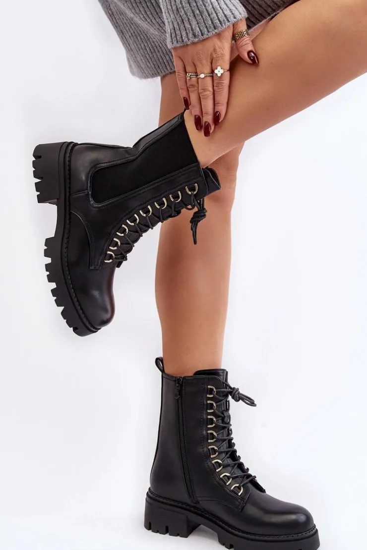 Damskie Boto Skórzane Botki Workery Damskie Czarne Charmea