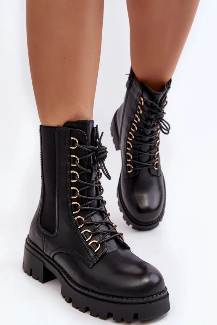 Damskie Boto Skórzane Botki Workery Damskie Czarne Charmea