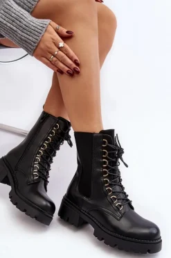 Damskie Boto Skórzane Botki Workery Damskie Czarne Charmea