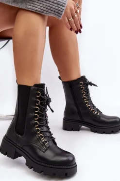 Damskie Boto Skórzane Botki Workery Damskie Czarne Charmea