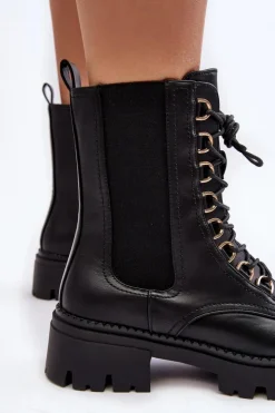 Damskie Boto Skórzane Botki Workery Damskie Czarne Charmea