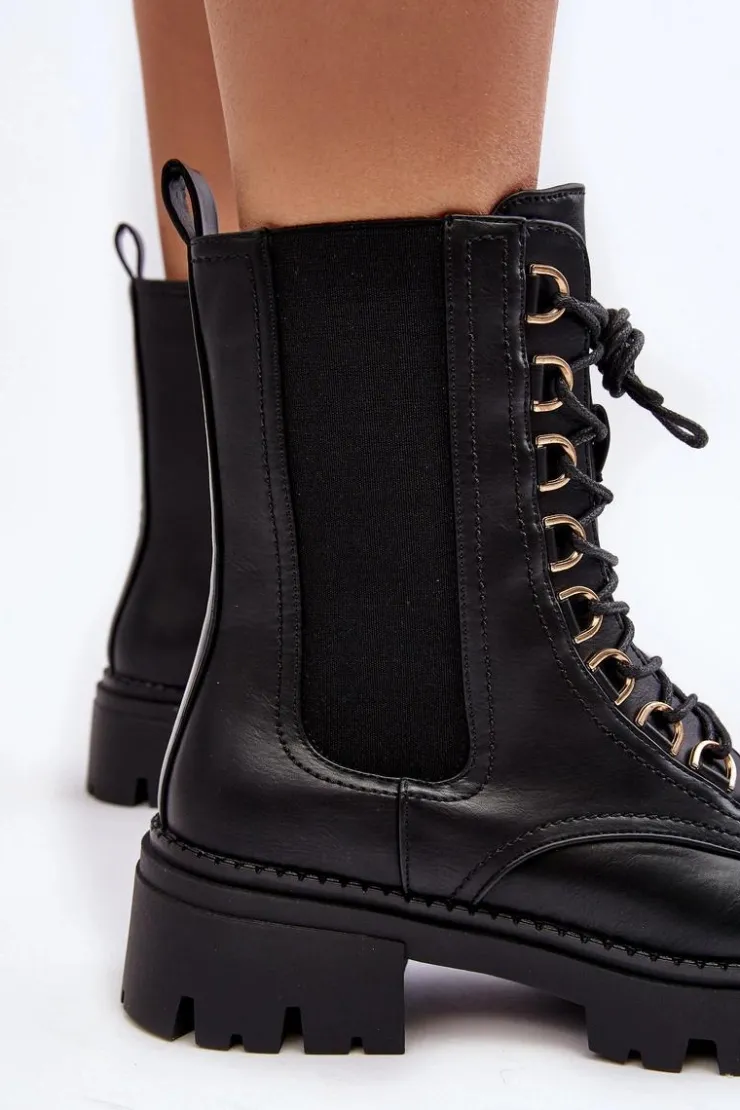 Damskie Boto Skórzane Botki Workery Damskie Czarne Charmea