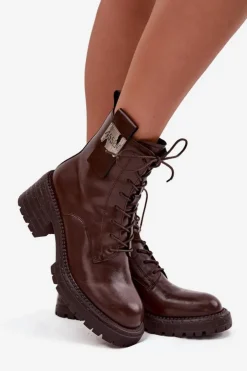 Damskie Artiker Skórzane Botki Workery Damskie Na Klocku Z Ozdobnym Detalem 57C0213 Brązowe