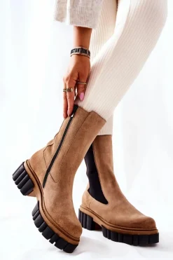 Damskie Laura Messi Skórzane Botki Workery Beżowe 2421