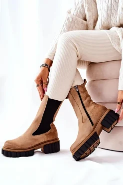 Damskie Laura Messi Skórzane Botki Workery Beżowe 2421