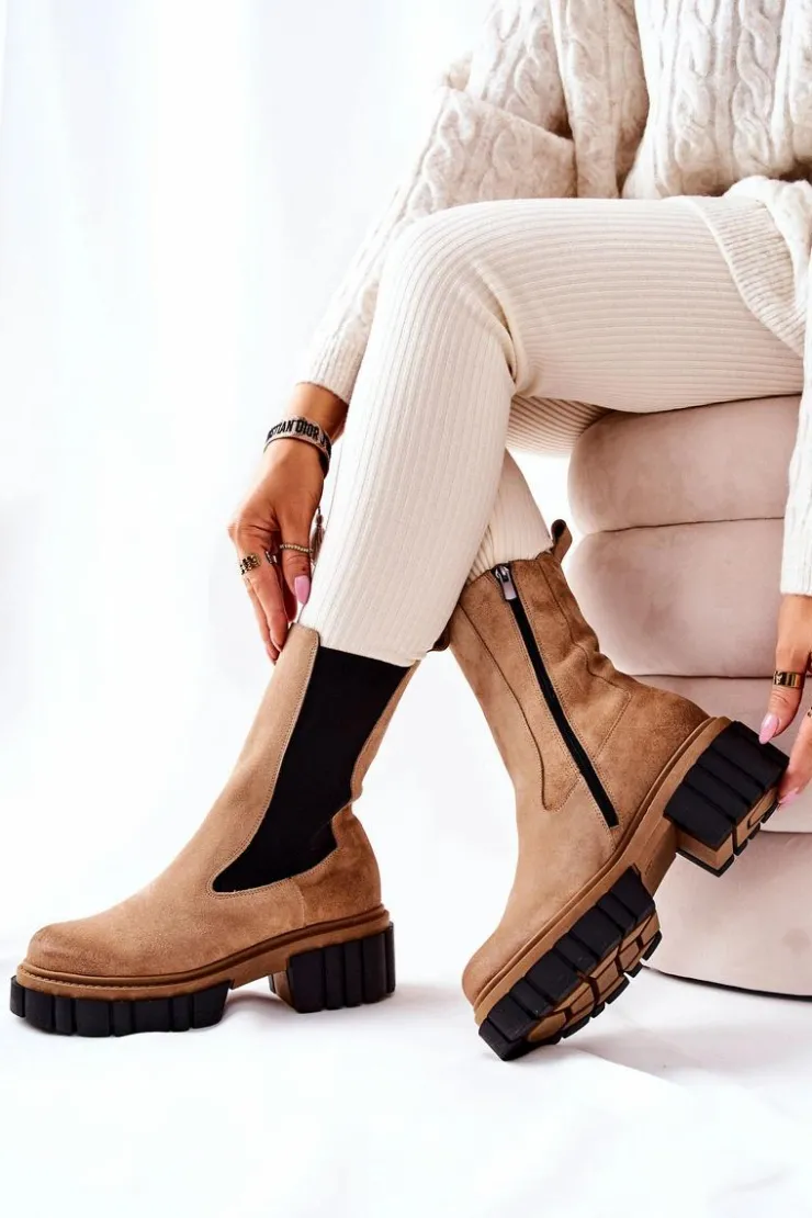 Damskie Laura Messi Skórzane Botki Workery Beżowe 2421