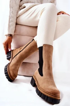 Damskie Laura Messi Skórzane Botki Workery Beżowe 2421