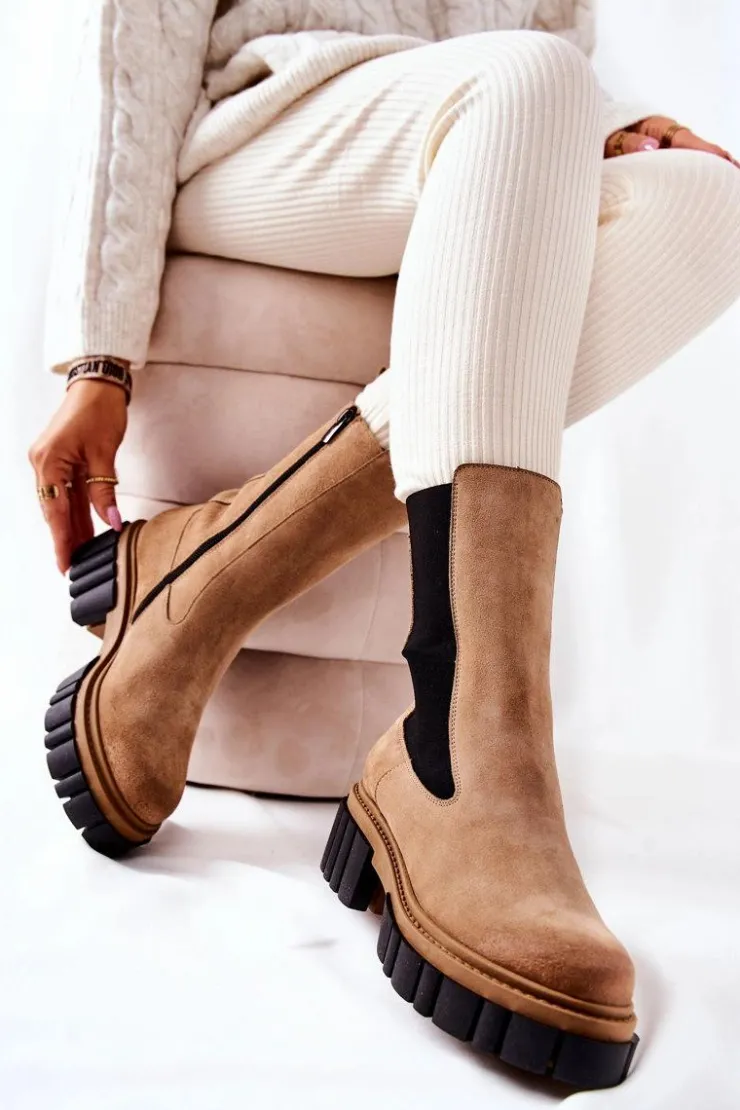 Damskie Laura Messi Skórzane Botki Workery Beżowe 2421