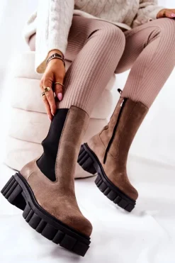 Laura Messi Botki Zimowe Damskie|Brązowe I Beżowe Botki*Skórzane Botki Workery Ciemnobeżowe 2421