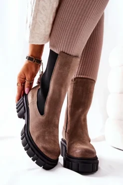 Laura Messi Botki Zimowe Damskie|Brązowe I Beżowe Botki*Skórzane Botki Workery Ciemnobeżowe 2421