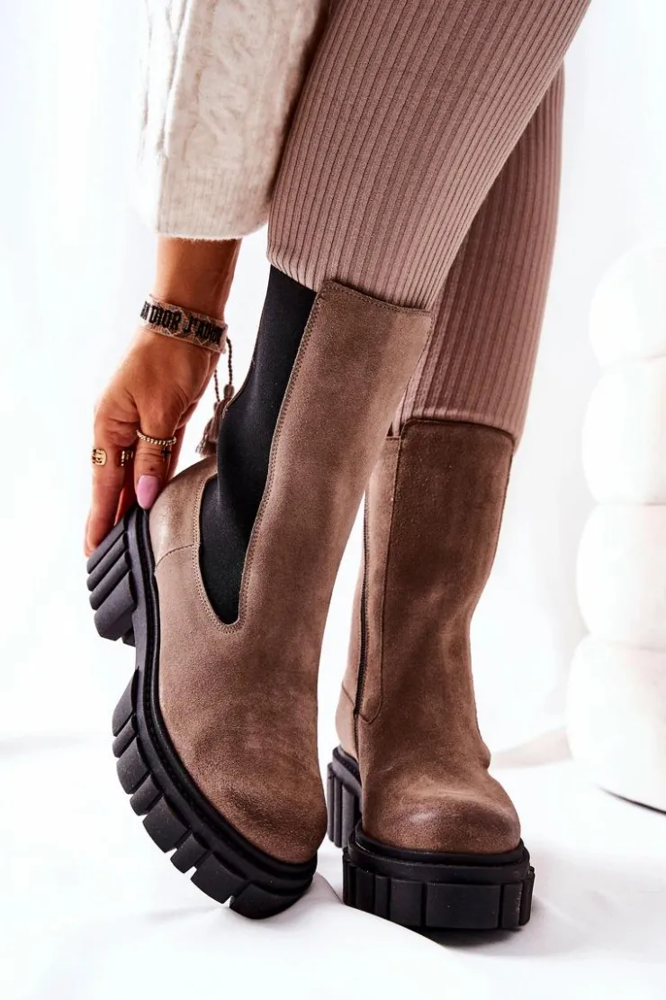 Laura Messi Botki Zimowe Damskie|Brązowe I Beżowe Botki*Skórzane Botki Workery Ciemnobeżowe 2421