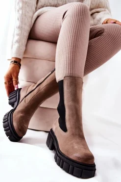 Laura Messi Botki Zimowe Damskie|Brązowe I Beżowe Botki*Skórzane Botki Workery Ciemnobeżowe 2421