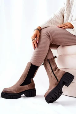 Laura Messi Botki Zimowe Damskie|Brązowe I Beżowe Botki*Skórzane Botki Workery Ciemnobeżowe 2421