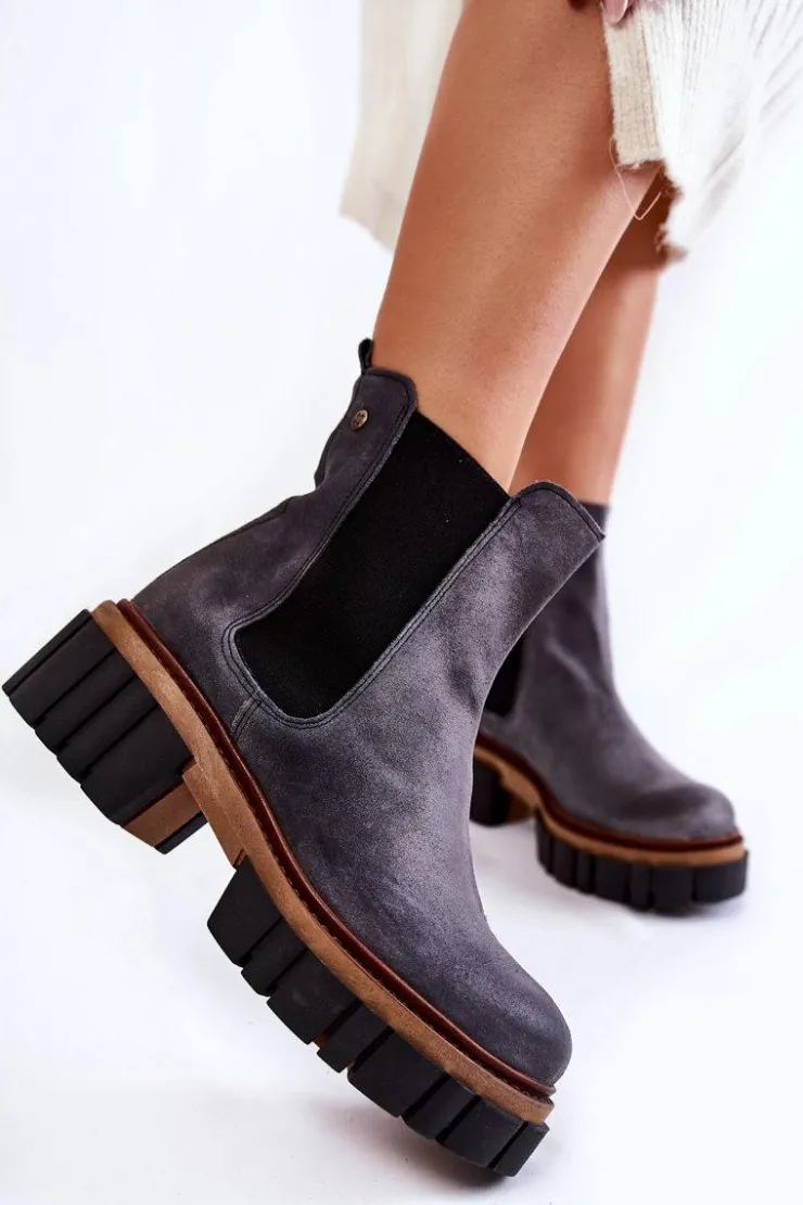 Sale Maciejka Skórzane Botki Workery Szare 05312-03