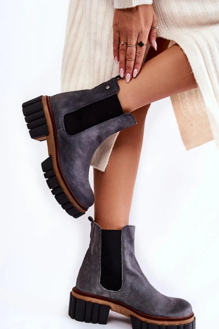 Sale Maciejka Skórzane Botki Workery Szare 05312-03