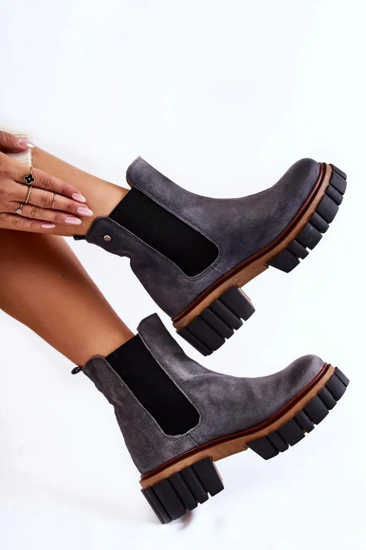 Sale Maciejka Skórzane Botki Workery Szare 05312-03