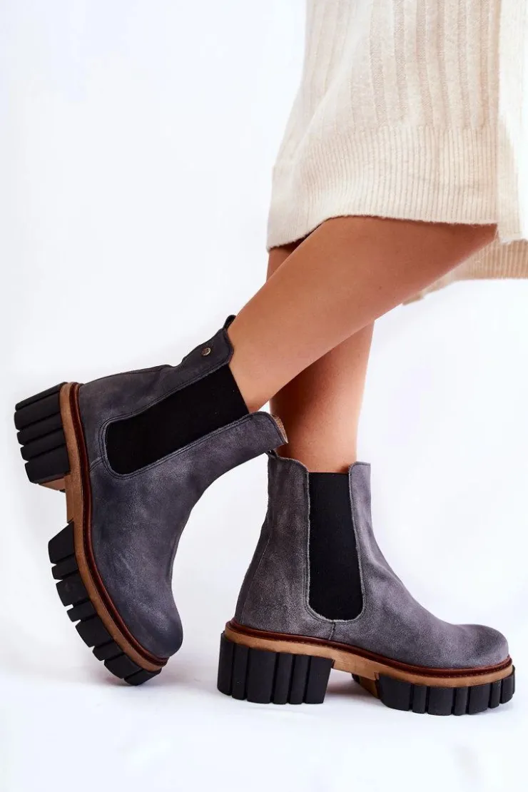 Sale Maciejka Skórzane Botki Workery Szare 05312-03