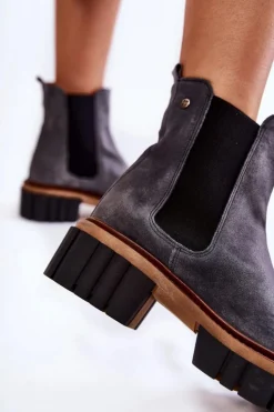 Sale Maciejka Skórzane Botki Workery Szare 05312-03