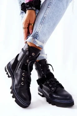 Maciejka Botki Maciejka|Botki Sznurowane*Skórzane Botki Workery Czarne 05219-01