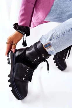 Maciejka Botki Maciejka|Botki Sznurowane*Skórzane Botki Workery Czarne 05219-01